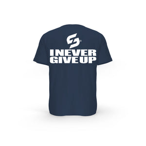 STRONG WORK SHORT SLEEVE T-SHIRT IN ORGANIC COTTON "I NEVER GIVE UP" FOR WOMEN - FRENCH NAVY BACK VIEW
