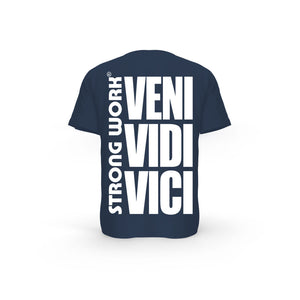 STRONG WORK SHORT SLEEVE T-SHIRT IN ORGANIC COTTON "VENI VIDI VICI" FOR WOMEN - FRENCH NAVY BACK VIEW