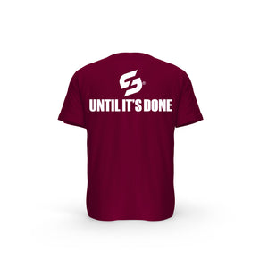 STRONG WORK SHORT SLEEVE T-SHIRT IN ORGANIC COTTON "IT ALWAYS SEEMS IMPOSSIBLE UNTIL IT'S DONE" FOR MEN - BURGUNDY BACK VIEW