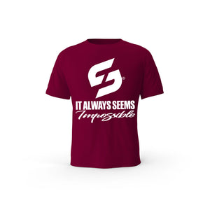STRONG WORK SHORT SLEEVE T-SHIRT IN ORGANIC COTTON "IT ALWAYS SEEMS IMPOSSIBLE UNTIL IT'S DONE" FOR MEN - BURGUNDY