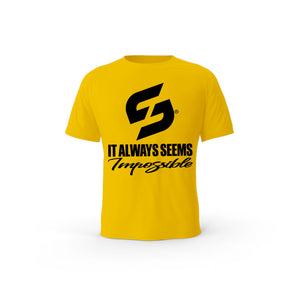 STRONG WORK SHORT SLEEVE T-SHIRT IN ORGANIC COTTON "IT ALWAYS SEEMS IMPOSSIBLE UNTIL IT'S DONE" FOR MEN - SPECTRA YELLOW