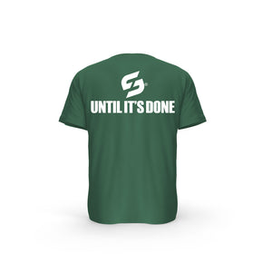 STRONG WORK SHORT SLEEVE T-SHIRT IN ORGANIC COTTON "IT ALWAYS SEEMS IMPOSSIBLE UNTIL IT'S DONE" FOR MEN - BOTTLE GREEN BACK VIEW