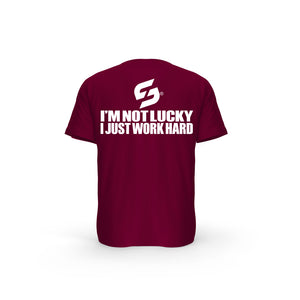 STRONG WORK SHORT SLEEVE T-SHIRT IN ORGANIC COTTON "I'M NOT LUCKY I JUST WORK HARD" FOR WOMEN - BURGUNDY BACK VIEW