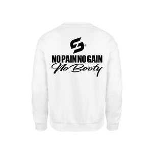 STRONG WORK SWEATSHIRT IN ORGANIC COTTON "NO PAIN NO GAIN NO BOOTY" FOR WOMEN - WHITE BACK VIEW