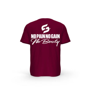 STRONG WORK SHORT SLEEVE T-SHIRT IN ORGANIC COTTON "NO PAIN NO GAIN NO BOOTY" FOR WOMEN - BURGUNDY BACK VIEW