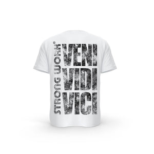 STRONG WORK SHORT SLEEVE T-SHIRT IN ORGANIC COTTON "GRUNGE/VENI VIDI VICI" FOR WOMEN - WHITE BACK VIEW