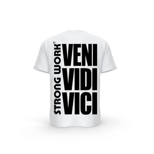 STRONG WORK SHORT SLEEVE T-SHIRT IN ORGANIC COTTON "VENI VIDI VICI" FOR WOMEN - WHITE BACK VIEW
