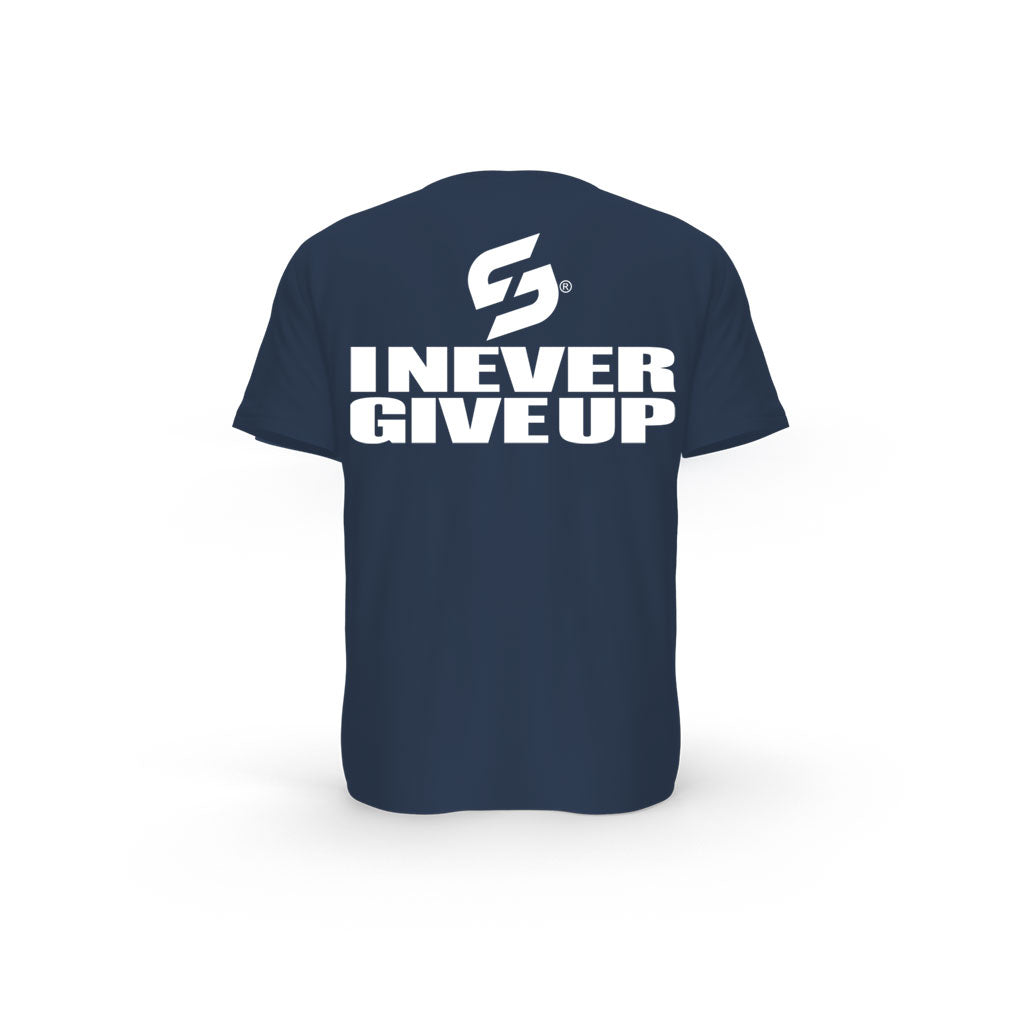 STRONG WORK SHORT SLEEVE T-SHIRT IN ORGANIC COTTON "I NEVER GIVE UP" FOR WOMEN - FRENCH NAVY BACK VIEW