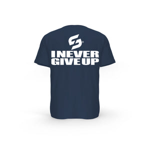 STRONG WORK SHORT SLEEVE T-SHIRT IN ORGANIC COTTON "I NEVER GIVE UP" FOR MEN - FRENCH NAVY BACK VIEW