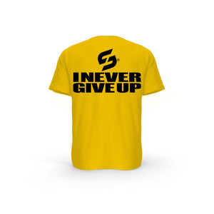STRONG WORK SHORT SLEEVE T-SHIRT IN ORGANIC COTTON "I NEVER GIVE UP" FOR MEN - SPECTRA YELLOW BACK VIEW