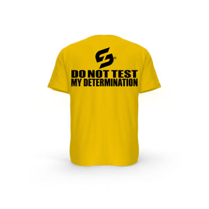 STRONG WORK SHORT SLEEVE T-SHIRT IN ORGANIC COTTON "DO NOT TEST MY DETERMINATION" FOR MEN - SPECTRA YELLOW BACK VIEW