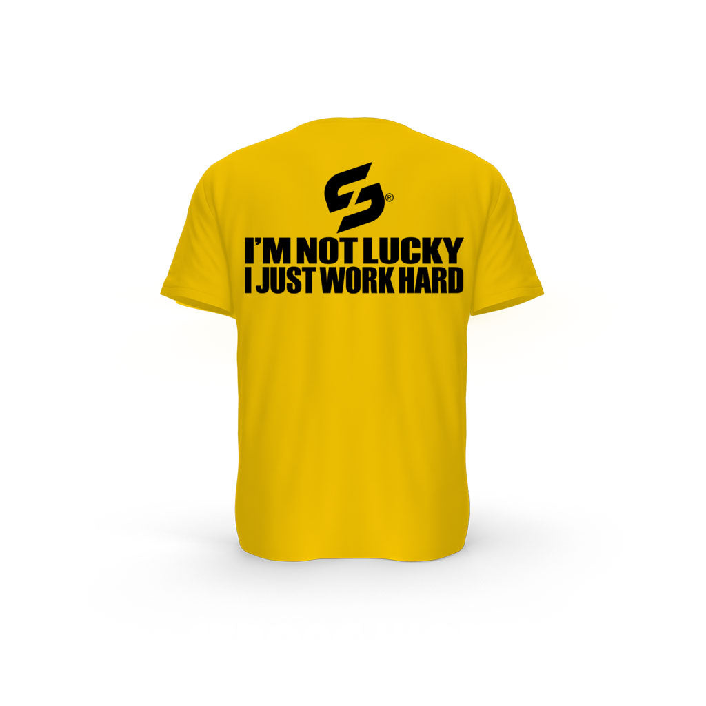 STRONG WORK SHORT SLEEVE T-SHIRT IN ORGANIC COTTON "I'M NOT LUCKY I JUST WORK HARD" FOR WOMEN - SPECTRA YELLOW BACK VIEW