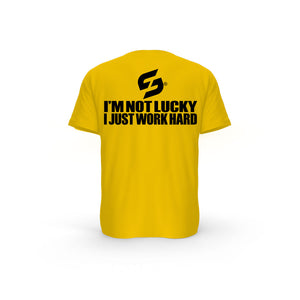 STRONG WORK SHORT SLEEVE T-SHIRT IN ORGANIC COTTON "I'M NOT LUCKY I JUST WORK HARD" FOR WOMEN - SPECTRA YELLOW BACK VIEW