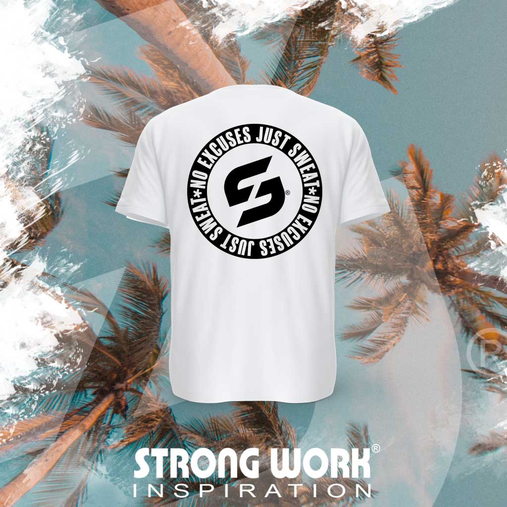 STRONG WORK SPORTSWEAR - Strong Work Inspiration No excuses just Sweat Black Edition organic cotton short sleeve T-shirt for women - WHITE BACK VIEW