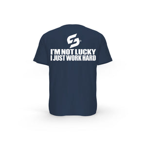 STRONG WORK SHORT SLEEVE T-SHIRT IN ORGANIC COTTON "I'M NOT LUCKY I JUST WORK HARD" FOR MEN - FRENCH NAVY BACK VIEW