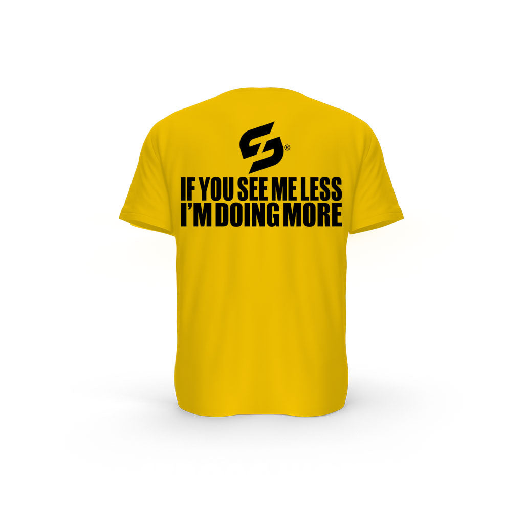 STRONG WORK SHORT SLEEVE T-SHIRT IN ORGANIC COTTON "IF YOU SEE ME LESS I'M DOING MORE" FOR MEN - SPECTRA YELLOW BACK VIEW
