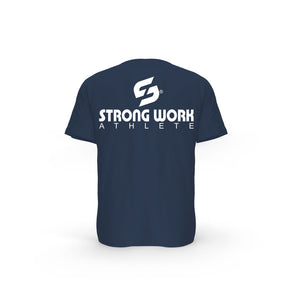 STRONG WORK SHORT SLEEVE T-SHIRT IN ORGANIC COTTON "ATHLETE" FOR MEN - SUSTAINABLE GYM WEAR - ORGANIC SPORTSWEAR - BACK VIEW - FRENCH NAVY T-SHIRT