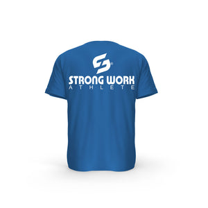 STRONG WORK SHORT SLEEVE T-SHIRT IN ORGANIC COTTON "ATHLETE" FOR MEN - SUSTAINABLE GYM WEAR - ORGANIC SPORTSWEAR - BACK VIEW - ROYAL BLUE T-SHIRT