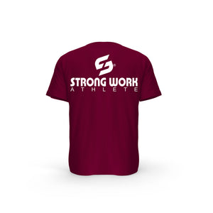 STRONG WORK SHORT SLEEVE T-SHIRT IN ORGANIC COTTON "ATHLETE" FOR MEN - SUSTAINABLE GYM WEAR - ORGANIC SPORTSWEAR - BACK VIEW - BURGUNDY T-SHIRT