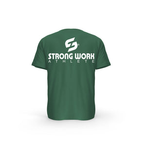 STRONG WORK SHORT SLEEVE T-SHIRT IN ORGANIC COTTON "ATHLETE" FOR MEN - SUSTAINABLE GYM WEAR - ORGANIC SPORTSWEAR - BACK VIEW - BOTTLE GREEN T-SHIRT