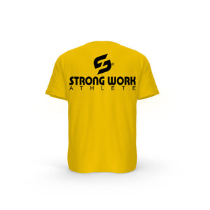 STRONG WORK SHORT SLEEVE T-SHIRT IN ORGANIC COTTON "ATHLETE" FOR MEN - SUSTAINABLE GYM WEAR - ORGANIC SPORTSWEAR - BACK VIEW - SPECTRA YELLOW T-SHIRT