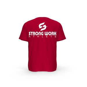 STRONG WORK SHORT SLEEVE T-SHIRT IN ORGANIC COTTON "ATHLETE" FOR MEN - SUSTAINABLE GYM WEAR - ORGANIC SPORTSWEAR - BACK VIEW - RED T-SHIRT