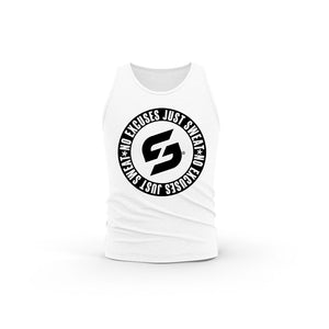 STRONG WORK NO EXCUSES JUST SWEAT BLACK EDITION ORGANIC COTTON TANK TOP FOR MEN - WHITE TANK TOP - SUSTAINABLE SPORTSWEAR
