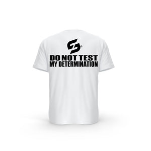 STRONG WORK SHORT SLEEVE T-SHIRT IN ORGANIC COTTON "DO NOT TEST MY DETERMINATION" FOR WOMEN - WHITE BACK VIEW