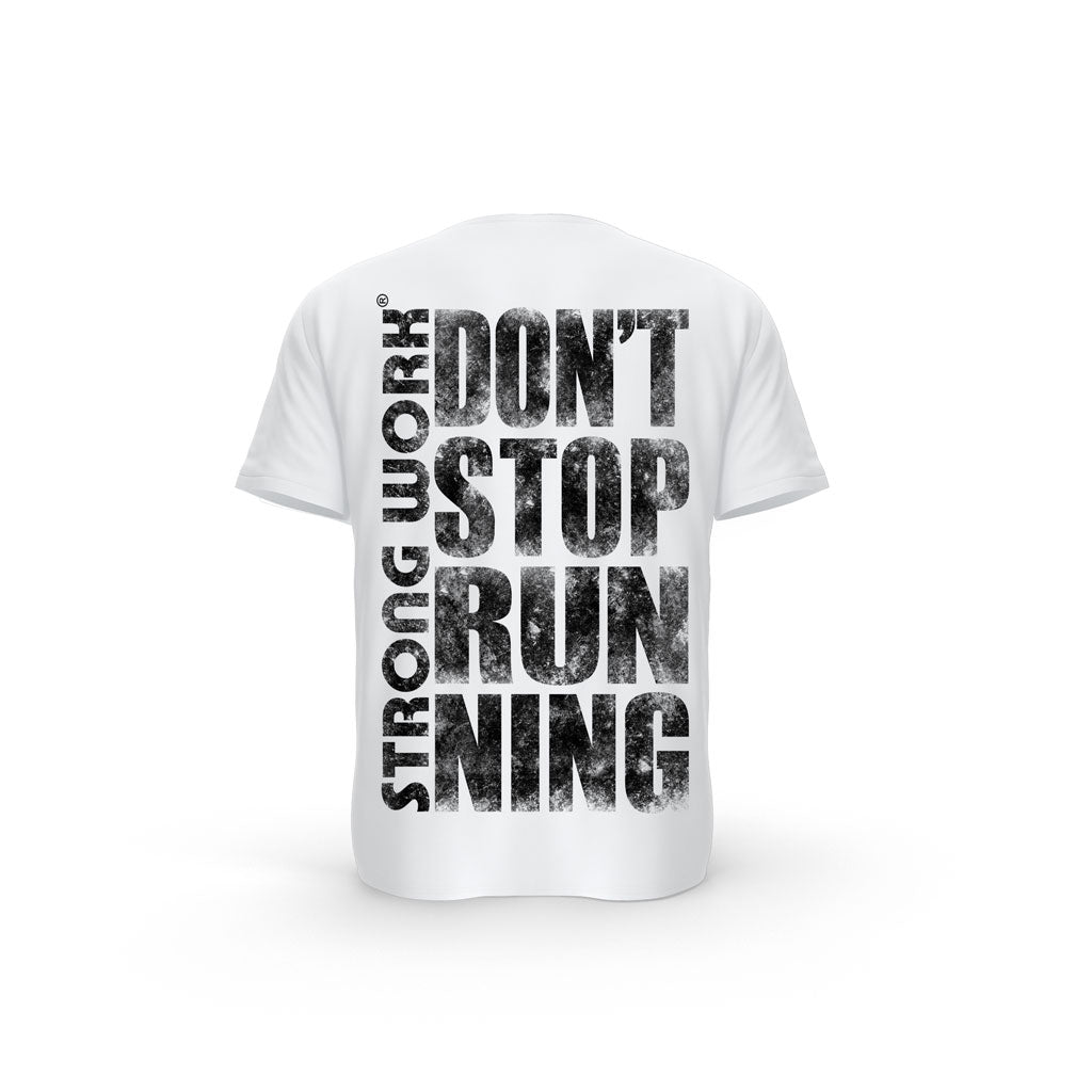 STRONG WORK SHORT SLEEVE T-SHIRT IN ORGANIC COTTON "GRUNGE/DON'T STOP RUNNING" FOR MEN - WHITE BACK VIEW