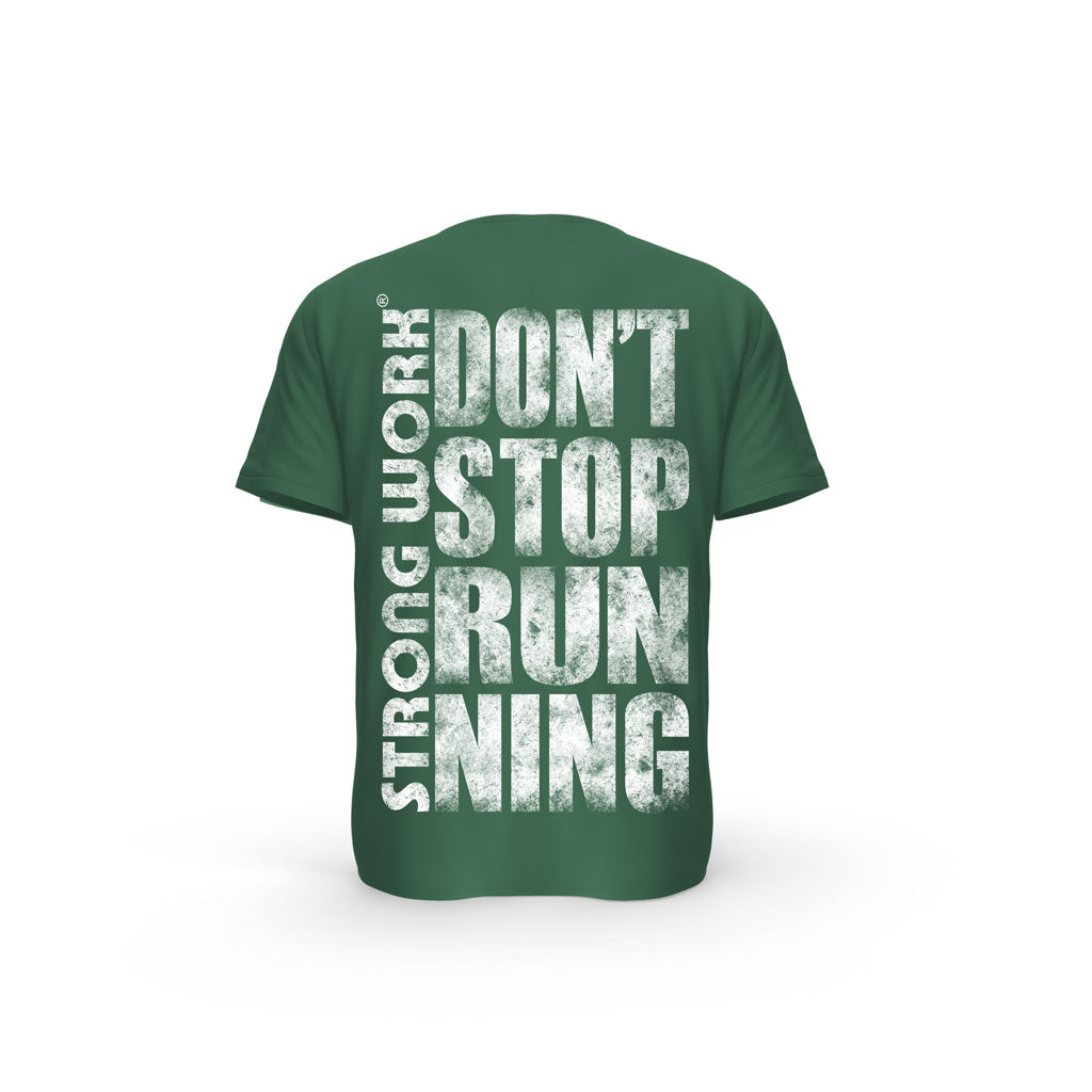 STRONG WORK SHORT SLEEVE T-SHIRT IN ORGANIC COTTON "GRUNGE/DON'T STOP RUNNING" FOR WOMEN - BOTTLE GREEN BACK VIEW