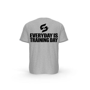 STRONG WORK SHORT SLEEVE T-SHIRT IN ORGANIC COTTON "EVERYDAY IS TRAINING DAY" FOR MEN - HEATHER GREY BACK VIEW