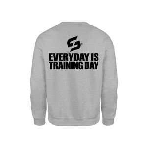 STRONG WORK SWEATSHIRT IN ORGANIC COTTON "EVERYDAY IS TRAINING DAY" FOR MEN - HEATHER GREY BACK VIEW