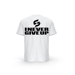 STRONG WORK SHORT SLEEVE T-SHIRT IN ORGANIC COTTON "I NEVER GIVE UP" FOR WOMEN - WHITE BACK VIEW