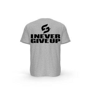 STRONG WORK SHORT SLEEVE T-SHIRT IN ORGANIC COTTON "I NEVER GIVE UP" FOR MEN - HEATHER GREY BACK VIEW