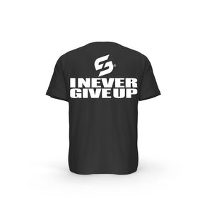 STRONG WORK SHORT SLEEVE T-SHIRT IN ORGANIC COTTON "I NEVER GIVE UP" FOR MEN - BLACK BACK VIEW