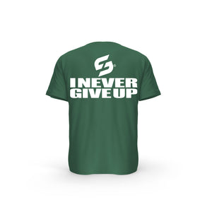 STRONG WORK SHORT SLEEVE T-SHIRT IN ORGANIC COTTON "I NEVER GIVE UP" FOR WOMEN - BOTTLE GREEN BACK VIEW