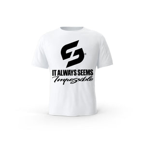 STRONG WORK SHORT SLEEVE T-SHIRT IN ORGANIC COTTON "IT ALWAYS SEEMS IMPOSSIBLE UNTIL IT'S DONE" FOR MEN - WHITE