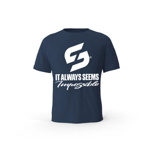 STRONG WORK SHORT SLEEVE T-SHIRT IN ORGANIC COTTON "IT ALWAYS SEEMS IMPOSSIBLE UNTIL IT'S DONE" FOR MEN - FRENCH NAVY