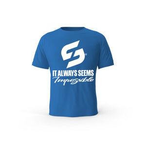 STRONG WORK SHORT SLEEVE T-SHIRT IN ORGANIC COTTON "IT ALWAYS SEEMS IMPOSSIBLE UNTIL IT'S DONE" FOR MEN - ROYAL BLUE