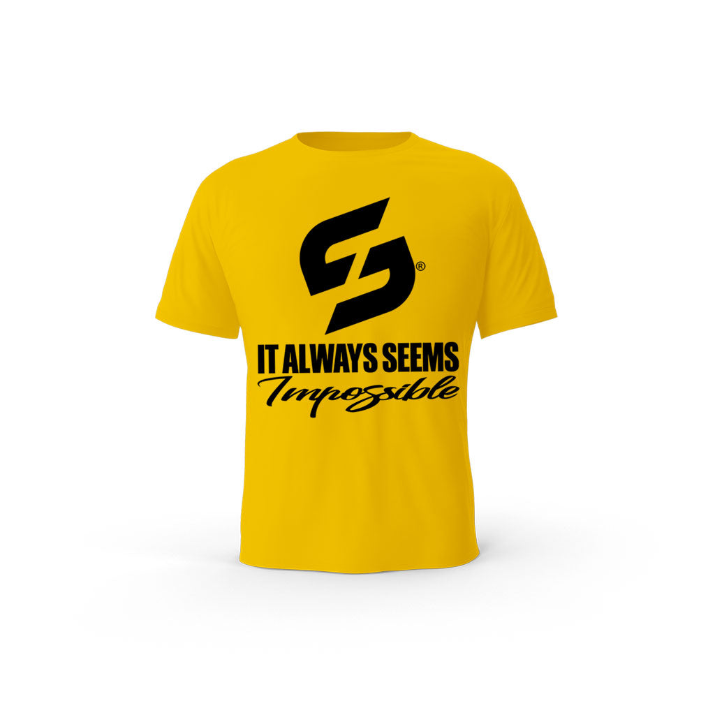 STRONG WORK SHORT SLEEVE T-SHIRT IN ORGANIC COTTON "IT ALWAYS SEEMS IMPOSSIBLE UNTIL IT'S DONE" FOR WOMEN - SPECTRA YELLOW