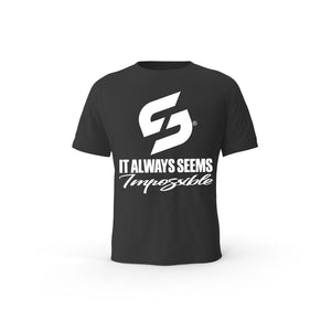 STRONG WORK SHORT SLEEVE T-SHIRT IN ORGANIC COTTON "IT ALWAYS SEEMS IMPOSSIBLE UNTIL IT'S DONE" FOR MEN - BLACK