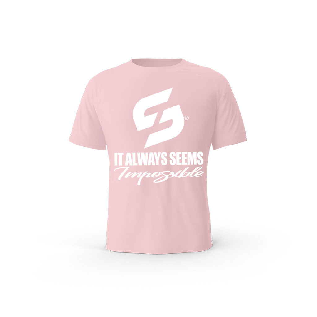 STRONG WORK SHORT SLEEVE T-SHIRT IN ORGANIC COTTON "IT ALWAYS SEEMS IMPOSSIBLE UNTIL IT'S DONE" FOR WOMEN - COTTON PINK