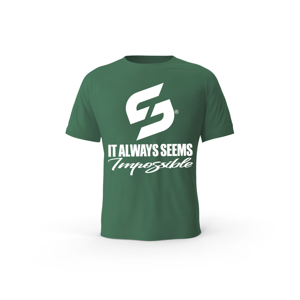STRONG WORK SHORT SLEEVE T-SHIRT IN ORGANIC COTTON "IT ALWAYS SEEMS IMPOSSIBLE UNTIL IT'S DONE" FOR WOMEN - BOTTLE GREEN