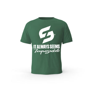 STRONG WORK SHORT SLEEVE T-SHIRT IN ORGANIC COTTON "IT ALWAYS SEEMS IMPOSSIBLE UNTIL IT'S DONE" FOR WOMEN - BOTTLE GREEN