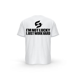 STRONG WORK SHORT SLEEVE T-SHIRT IN ORGANIC COTTON "I'M NOT LUCKY I JUST WORK HARD" FOR WOMEN - WHITE BACK VIEW