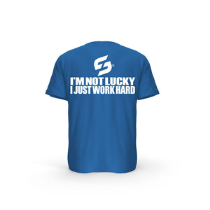 STRONG WORK SHORT SLEEVE T-SHIRT IN ORGANIC COTTON "I'M NOT LUCKY I JUST WORK HARD" FOR WOMEN - ROYAL BLUE BACK VIEW