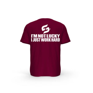 STRONG WORK SHORT SLEEVE T-SHIRT IN ORGANIC COTTON "I'M NOT LUCKY I JUST WORK HARD" FOR MEN - BURGUNDY BACK VIEW