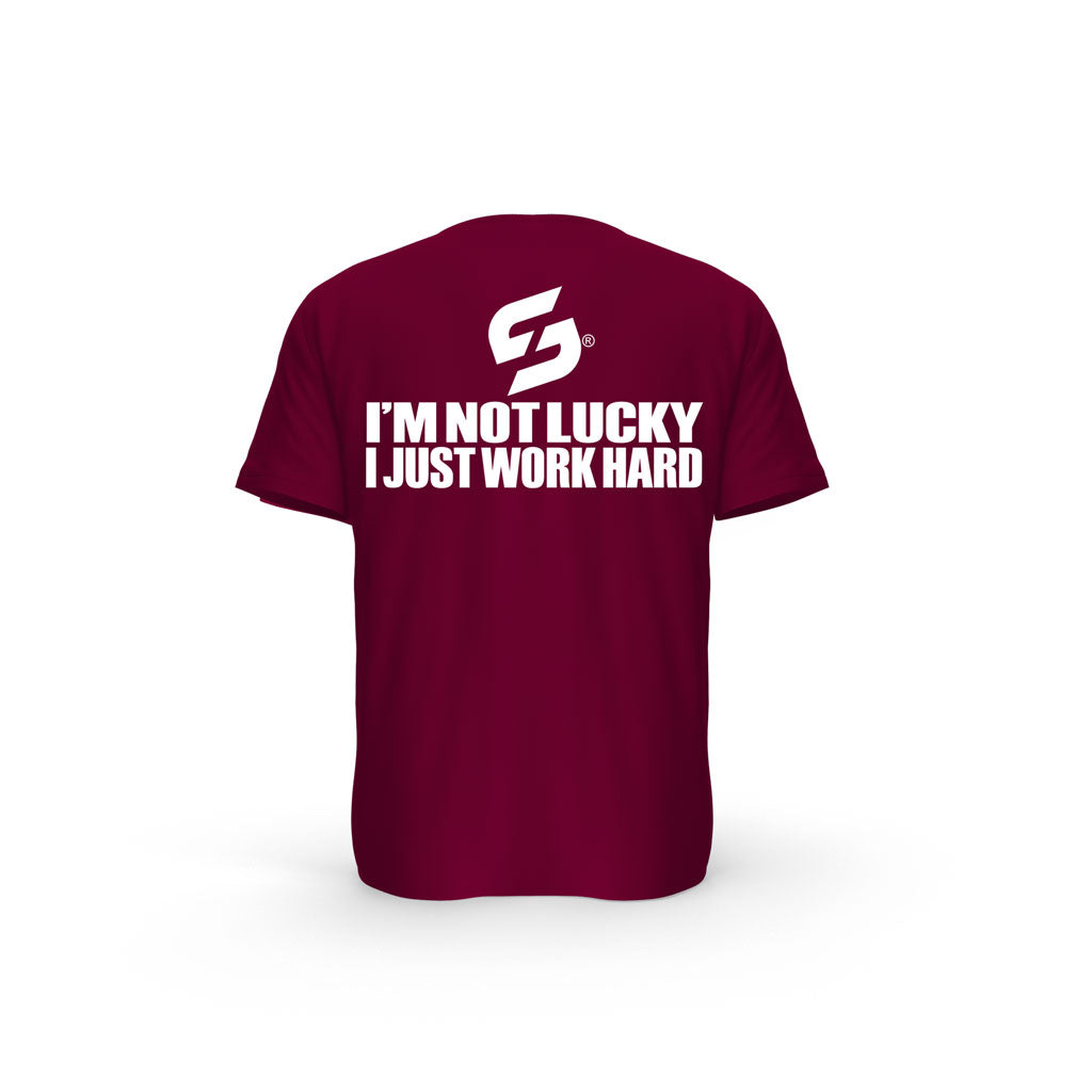 STRONG WORK SHORT SLEEVE T-SHIRT IN ORGANIC COTTON "I'M NOT LUCKY I JUST WORK HARD" FOR WOMEN - BURGUNDY BACK VIEW