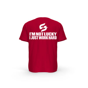 STRONG WORK SHORT SLEEVE T-SHIRT IN ORGANIC COTTON "I'M NOT LUCKY I JUST WORK HARD" FOR MEN - RED BACK VIEW
