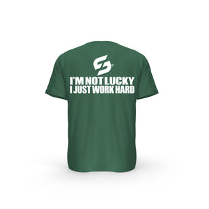 STRONG WORK SHORT SLEEVE T-SHIRT IN ORGANIC COTTON "I'M NOT LUCKY I JUST WORK HARD" FOR MEN - BOTTLE GREEN BACK VIEW